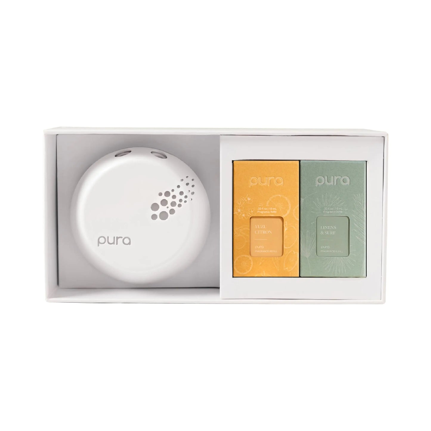 Pura - Smart Home Fragrance Device Starter Set V3 - Scent Diffuser for Homes Bedrooms & Living Rooms - Includes Fragrance Aroma Diffuser & Two Fragrances - Linens & Surf and Yuzu Citron