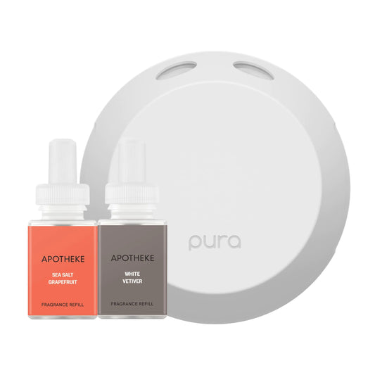 Pura Smart Home Fragrance Device Starter Set - Pura 4 - Scent Diffuser for Home - Includes Fragrance Aroma Diffuser - Rectangle Box Sea Salt Grapefruit and White Vetiver Scent Refills