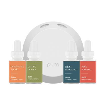 Pura 4 Smart Home Fragrance Device Starter Set - Scent Diffuser for Home - Air Deodorizer & Odor Eliminator - Clementine Mango Fresh Bergamot Citrus Leaves Pink Pomelo