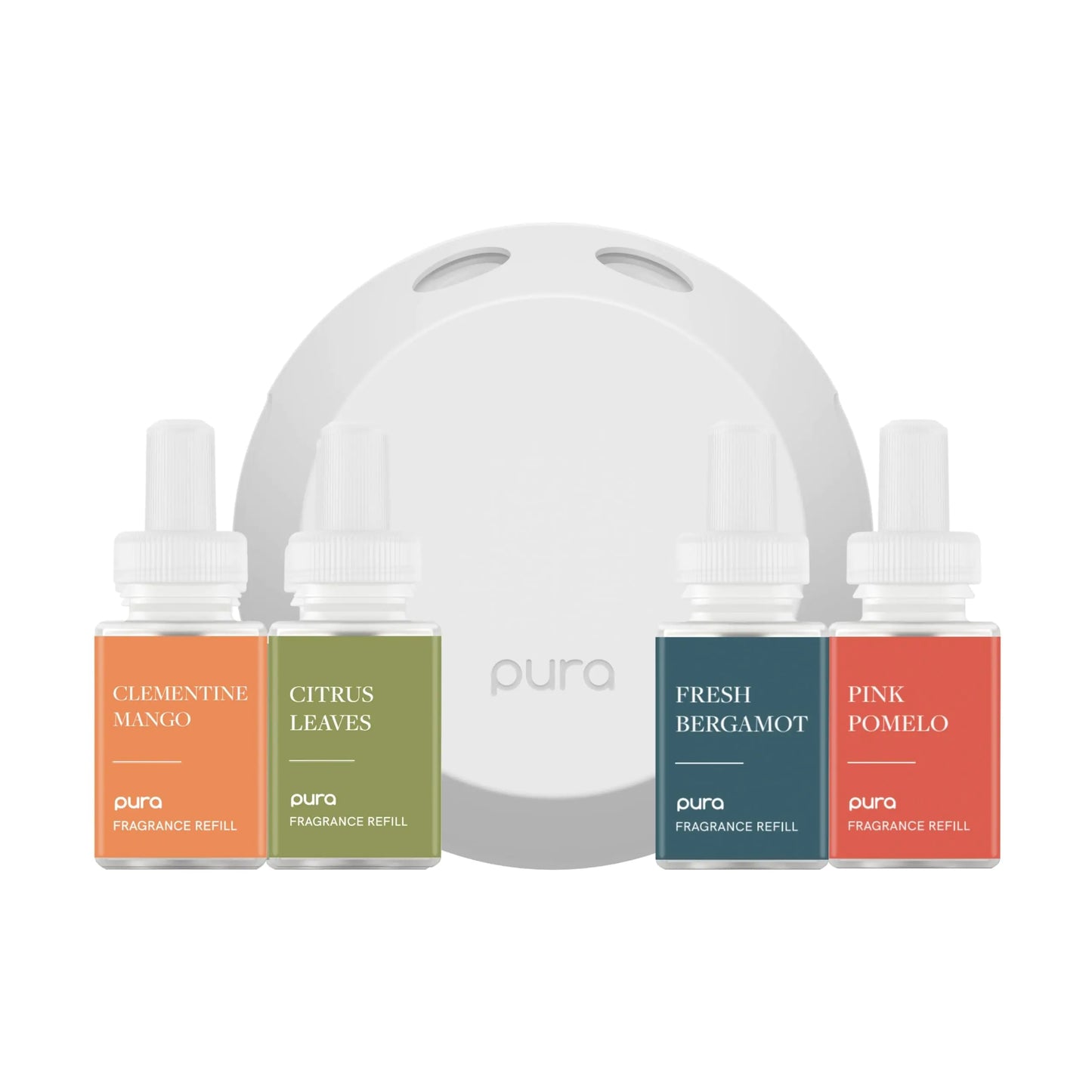 Pura 4 Smart Home Fragrance Device Starter Set - Scent Diffuser for Home - Air Deodorizer & Odor Eliminator - Clementine Mango Fresh Bergamot Citrus Leaves Pink Pomelo