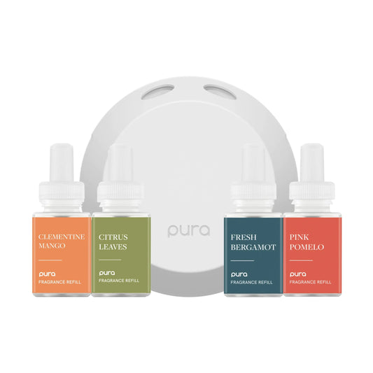 Pura 4 Smart Home Fragrance Device Starter Set - Scent Diffuser for Home - Air Deodorizer & Odor Eliminator - Clementine Mango Fresh Bergamot Citrus Leaves Pink Pomelo